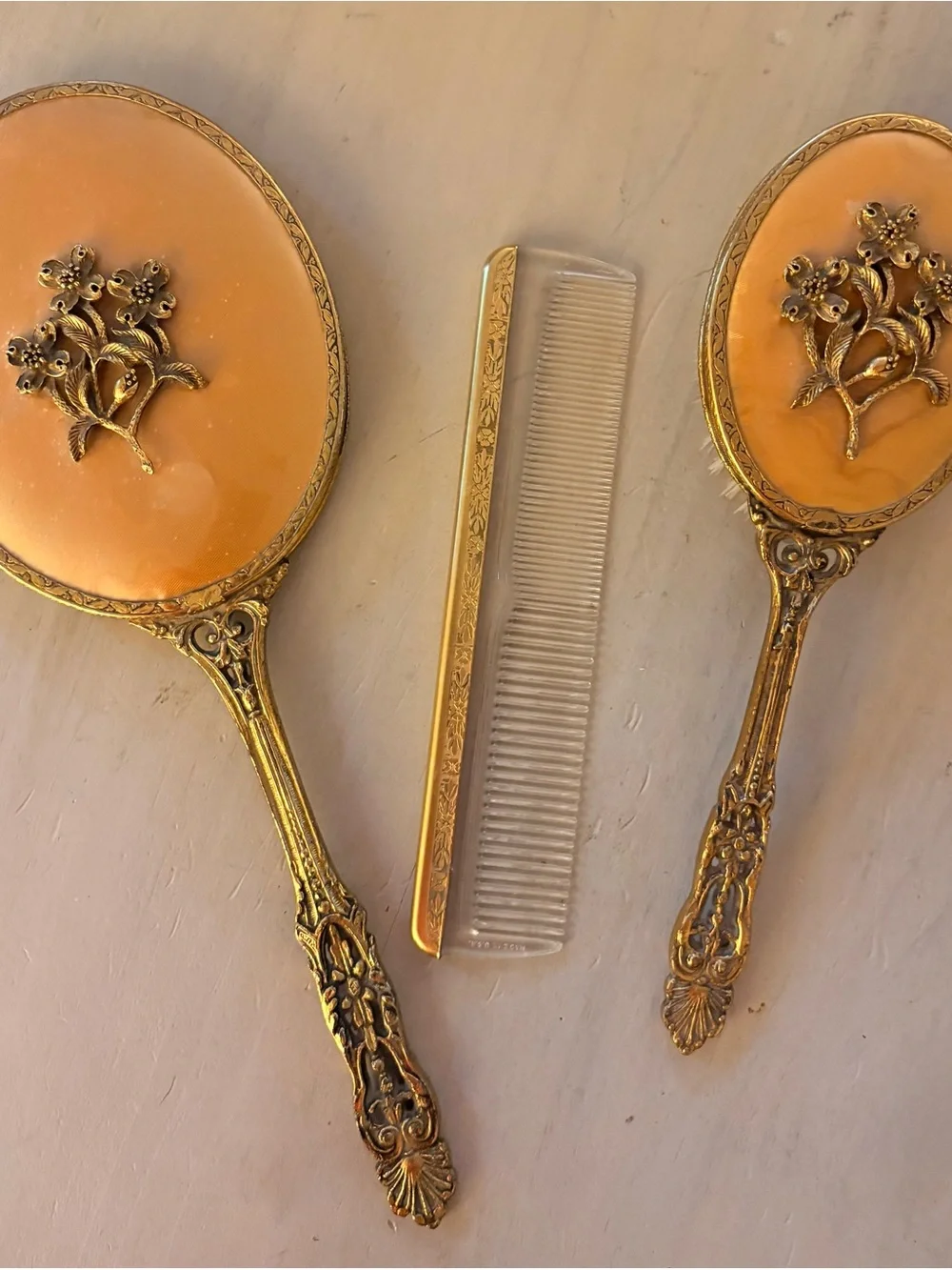 VTG Globe 24K Gold Plated Vanity Set Hand Mirror, Brush, Comb -Hollywood Regency